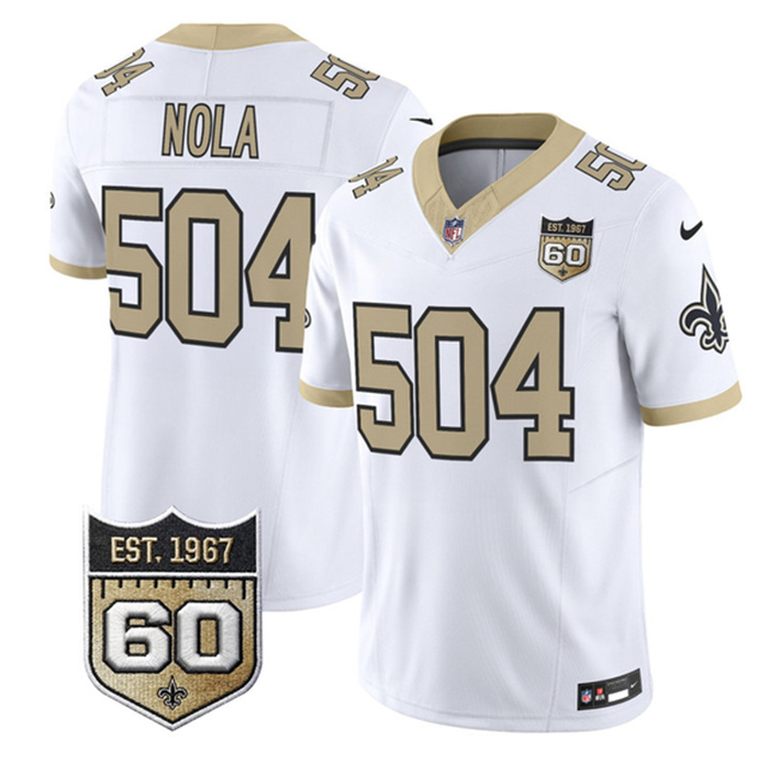 Men's New Orleans Saints #504 Nola White F.U.S.E. 60th Anniversary Patch Vapor Limited Stitched Football Jersey Men's New Orleans Saints #504 Nola White F.U.S.E. 60th Anniversary Patch Vapor Limited Stitched Football Jersey